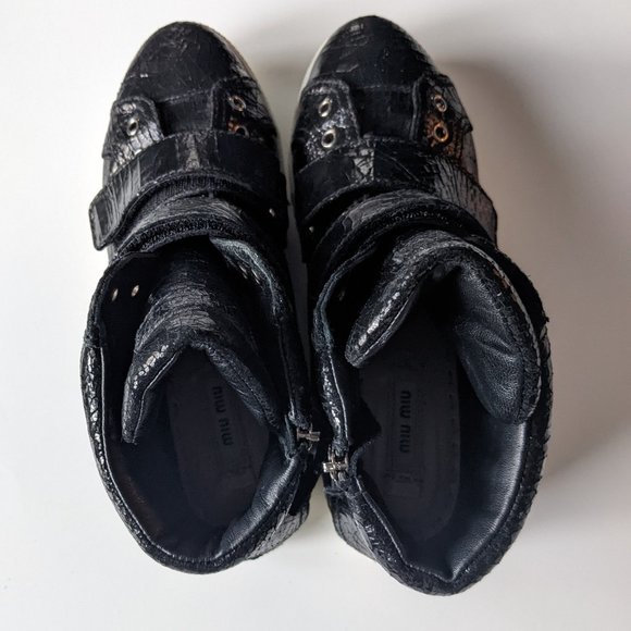 MIU MIU Black Leather High Top Sneaker Donna Cracle - Picture 5 of 12